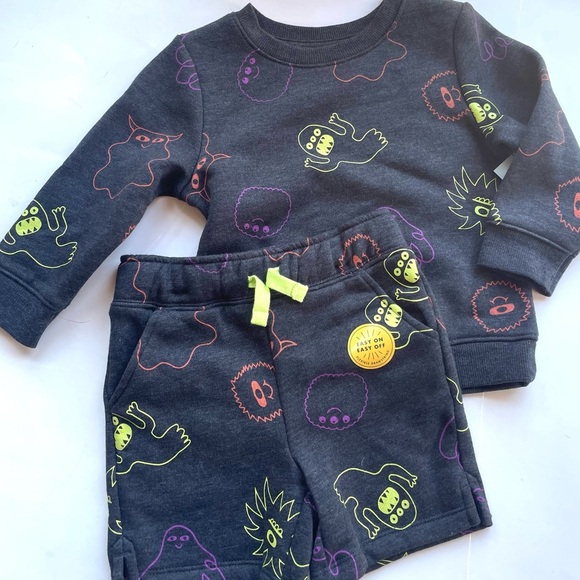 Crew Neck Sweatshirt & Short Set Monster Print Cat & Jack Size 18 Months - Picture 2 of 7